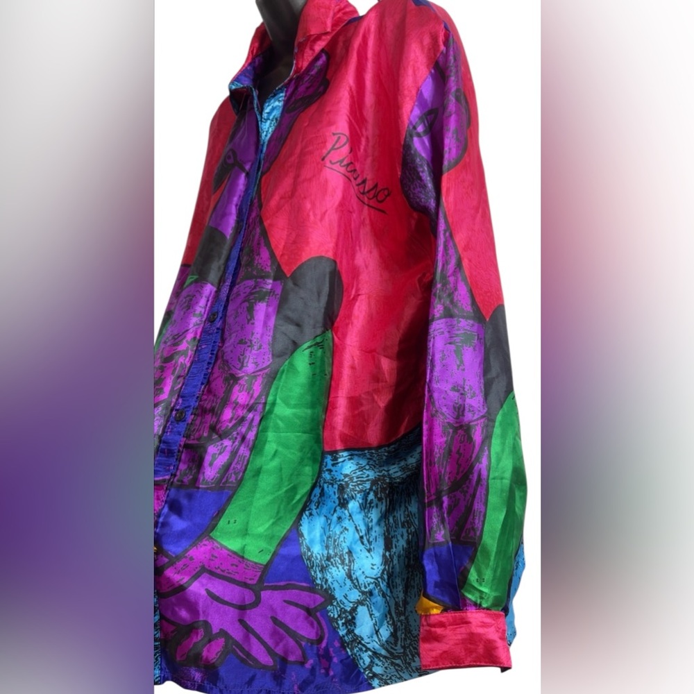 Vintage Picasso 1980s Satin Abstract Art shirt buttons up XXL MADE IN KOREA - Picture 4 of 12